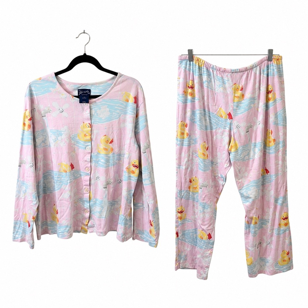 Nick & Nora Pajama Set XL Pink Rubber Ducky Print Long Sleeve Y2K Kitsch Pajamas